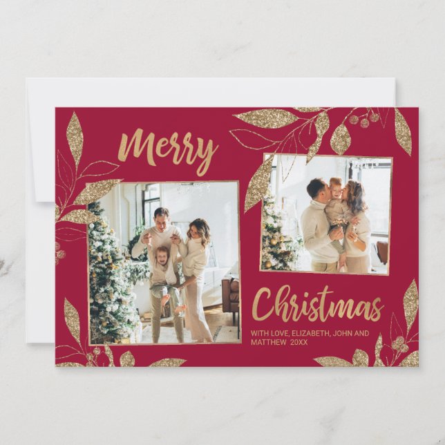 Elegant Bordo Gold Leaves 2 Photo Christmas Card (Front)
