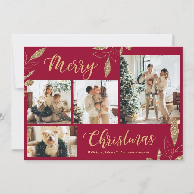 Elegant Bordo Gold Photo Collage Christmas Card  (Front)