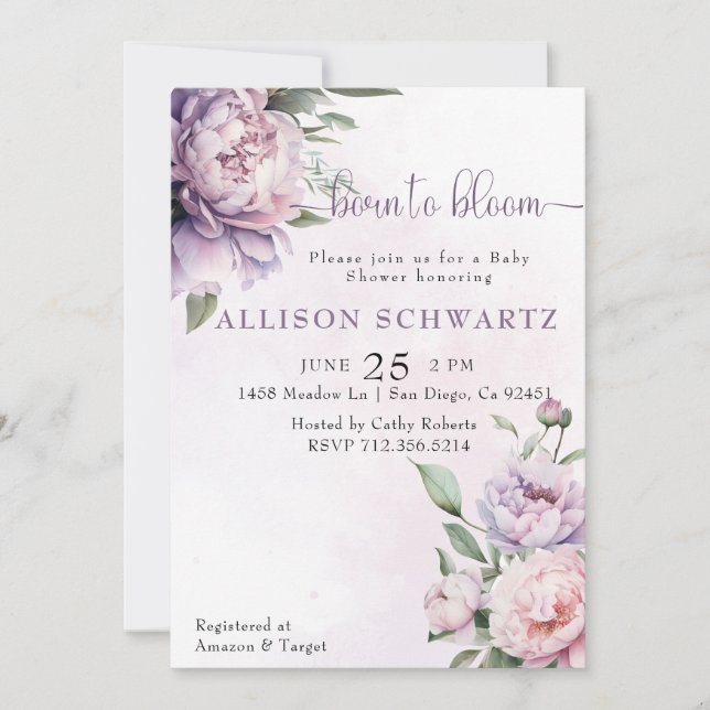 Elegant Born to Bloom purple floral Baby Shower Invitation (Front)