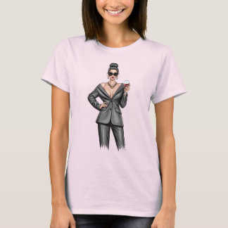 Elegant Boss Lady in Grey Power Suit with Red Wine T-Shirt
