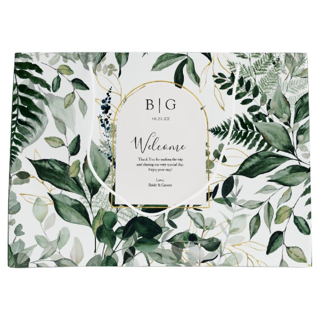 Elegant Botanic Greenery wedding welcome Large Gift Bag (Front)