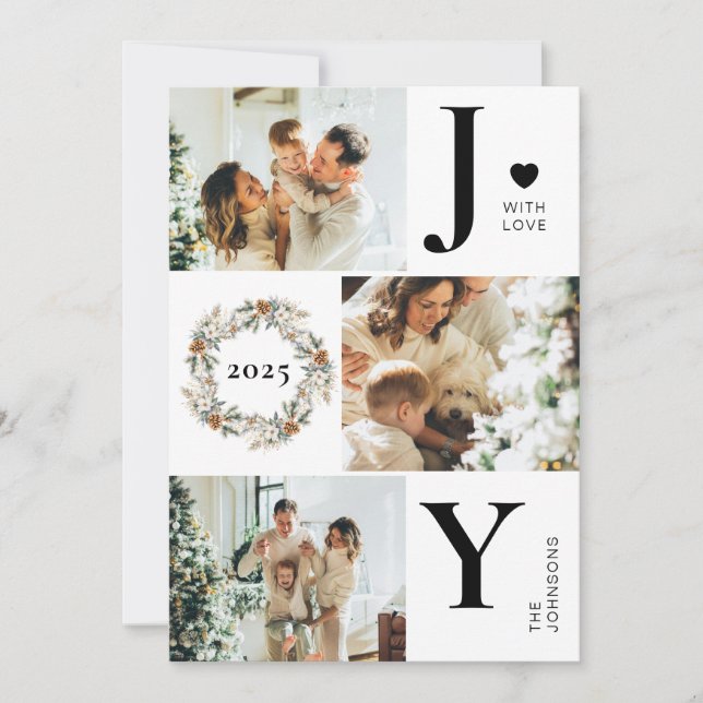 Elegant Botanica Photo Collage | Joy Christmas Holiday Card (Front)