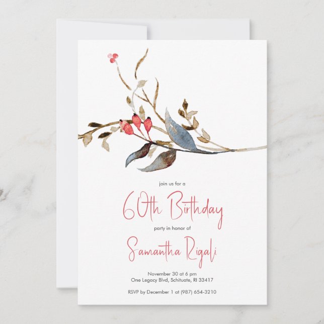 Elegant Botanical 60th Birthday Party Invitations (Front)