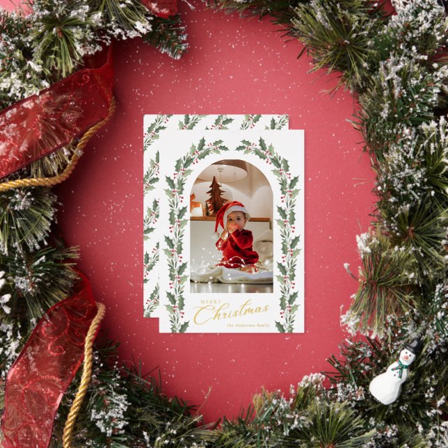 Elegant Botanical Arch 1 Photo Merry Christmas Foil Holiday Card (Insitu)
