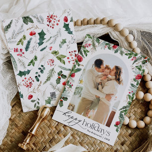 Elegant Botanical Arch Happy Holidays 1 Photo Holiday Card