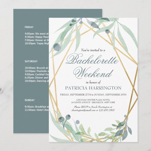 Elegant Botanical Bachelorette Weekend Itinerary Invitation (Front/Back)