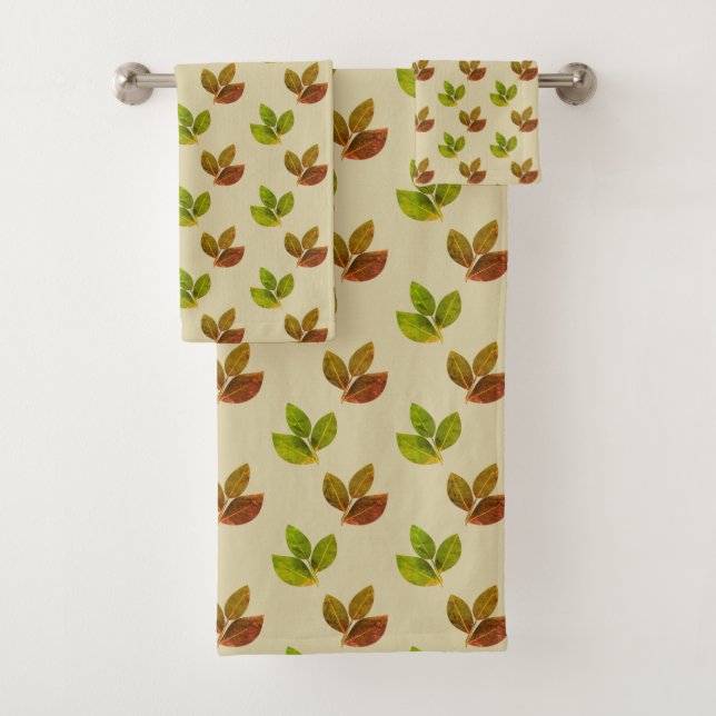 Elegant Botanical Bay Leaves on Light Beige Bath Towel Set (Insitu)