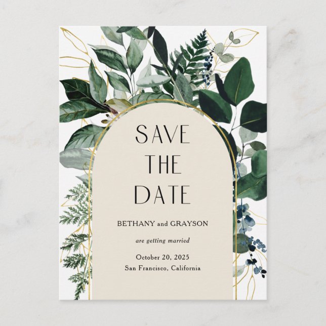 Elegant Botanical Beige QR code wedding save date Announcement Postcard (Front)