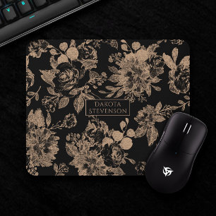 Elegant Botanical   Black and Rose Gold Floral Mouse Mat