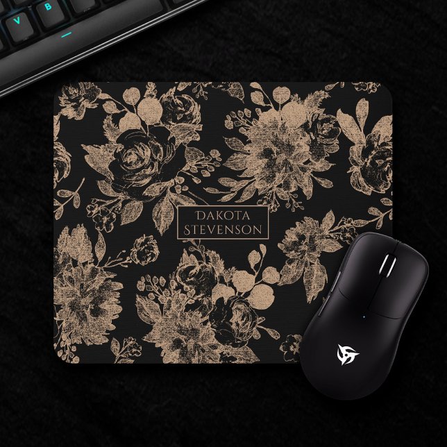 Elegant Botanical | Black and Rose Gold Floral Mouse Mat (Creator Uploaded)