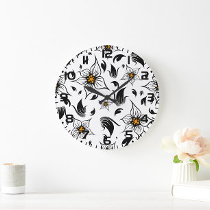 Elegant Botanical Black and White Floral Pattern Large Clock