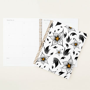 Elegant Botanical Black and White Floral Pattern Planner