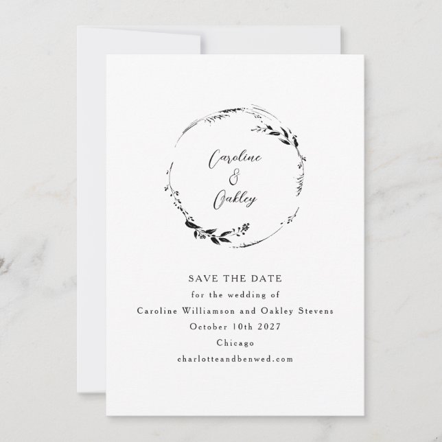 Elegant Botanical Black and White Minimalist Serif Save The Date (Front)