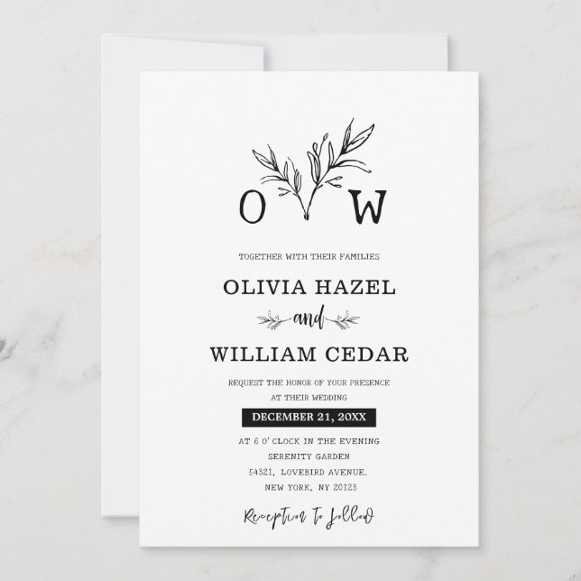 Elegant Botanical Black and White Monogram Wedding Invitation (Front)