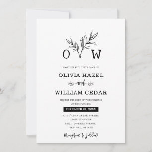 Elegant Botanical Black and White Monogram Wedding Invitation