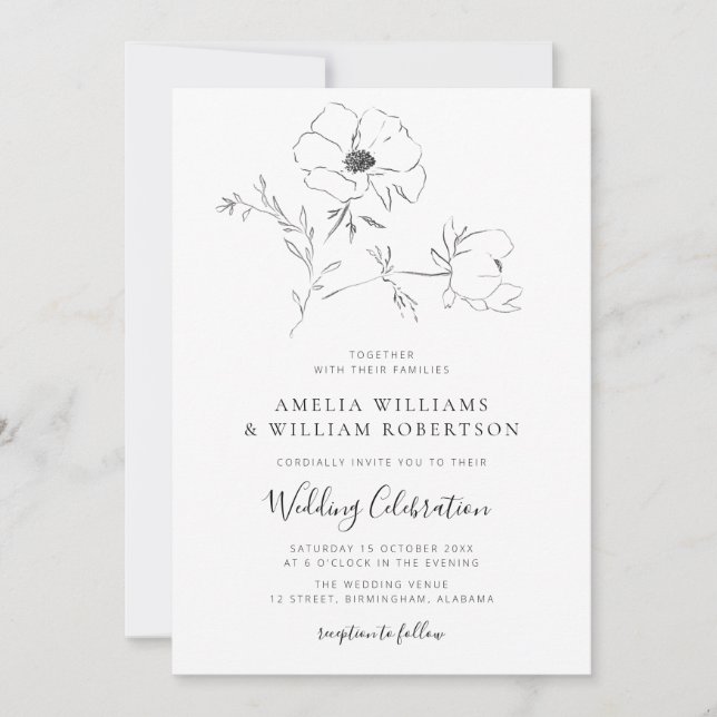 Elegant botanical black and white wedding invitation (Front)
