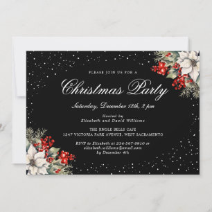 Elegant Botanical Black Christmas Holiday Party Invitation