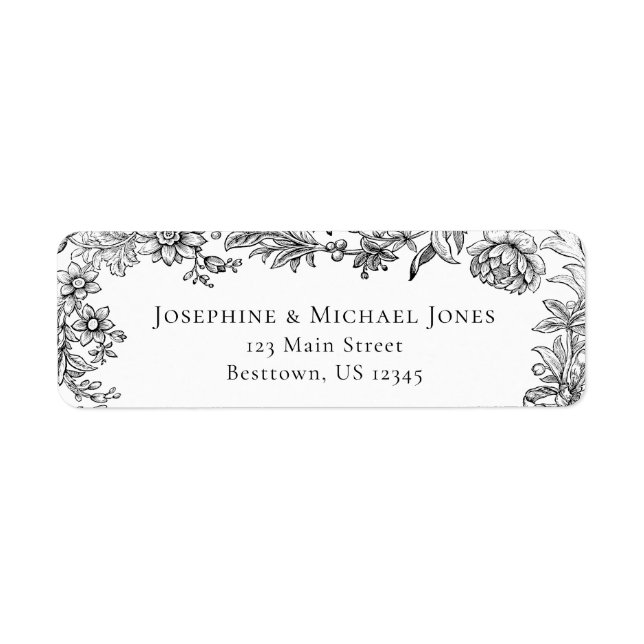 Elegant Botanical Black White Address Label (Front)