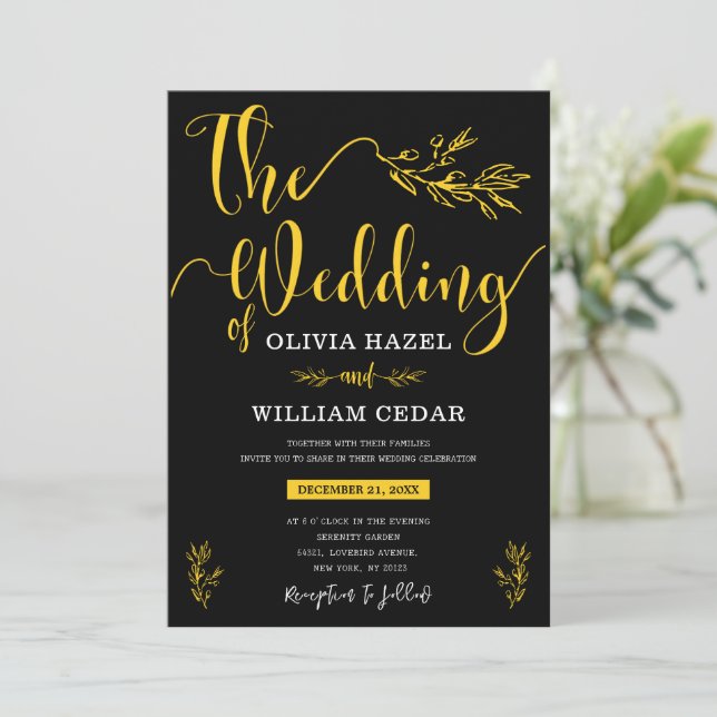 Elegant Botanical Black Yellow Customised Wedding  Invitation (Standing Front)