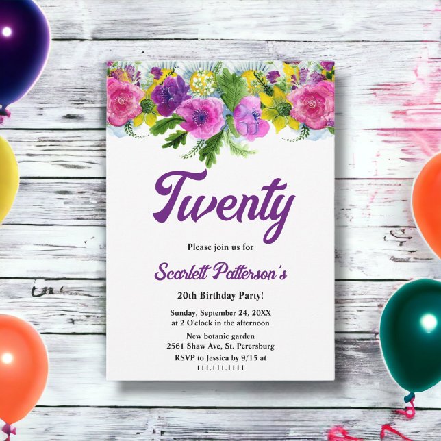 Elegant Botanical Bloom Roses Floral 20th Birthday Invitation (Creator Uploaded)