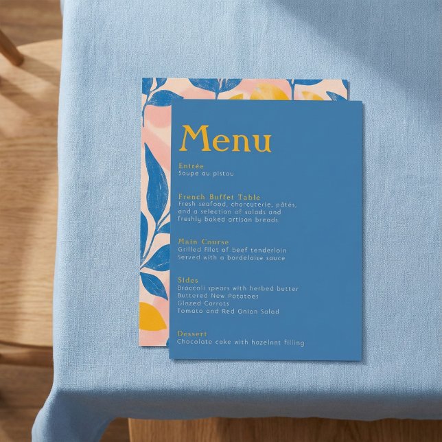 Elegant Botanical blue and yellow leafy wedding Menu (Creator Uploaded)