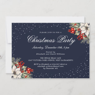 Elegant Botanical Blue Christmas Holiday Party Invitation