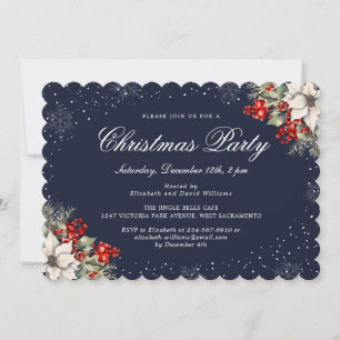 Elegant Botanical Blue Christmas Holiday Party Invitation