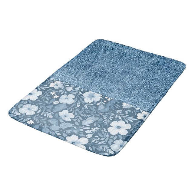 Elegant Botanical Blue Faux Denim Look  Bath Mat (Angled)