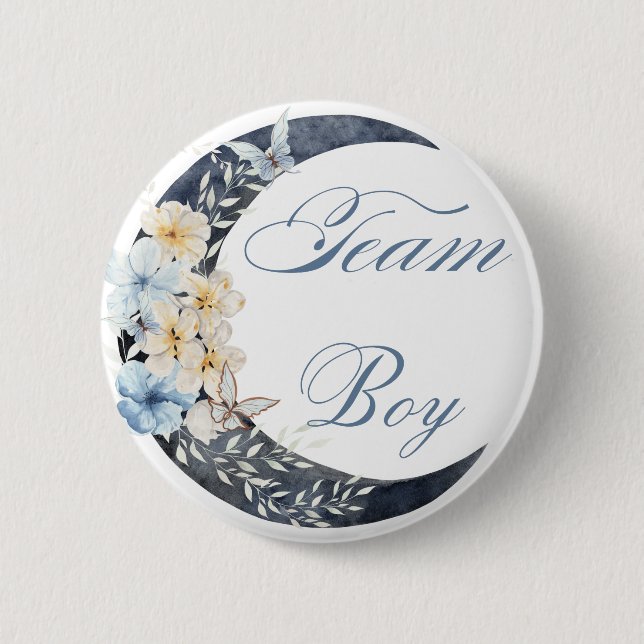elegant botanical blue team boy baby shower chic 6 cm round badge (Front)