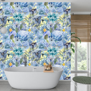 Elegant Botanical Blue Wildflower Pattern Wallpaper
