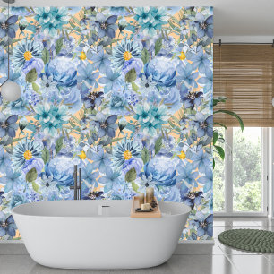 Elegant Botanical Blue Wildflower Pattern  Wallpaper