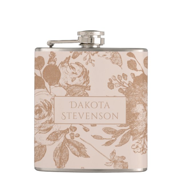 Elegant Botanical | Blush Pink Rose Gold Floral Hip Flask (Front)