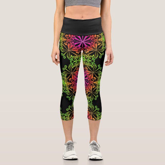 Elegant botanical boho colourful mandala  capri leggings (Front)