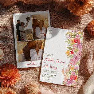 Elegant botanical boho wildflowers 3 photo wedding invitation
