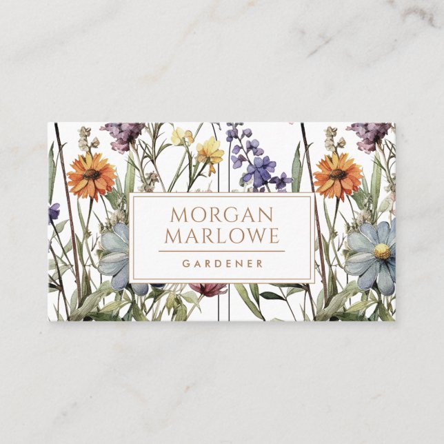Elegant Botanical Boho Wildflowers Gardener Business Card (Front)