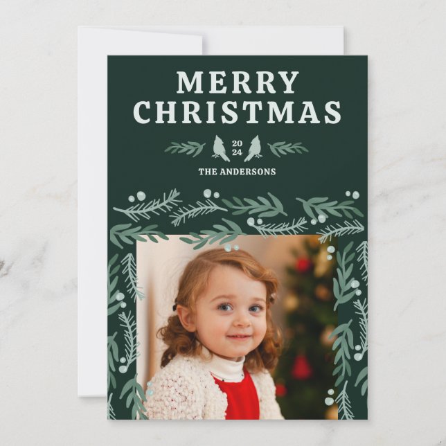 Elegant Botanical Border Cardinal Christmas Holiday Card (Front)