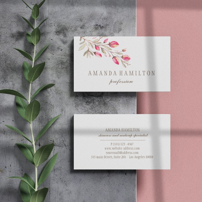 Elegant Botanical Branch Pink flowers watercolor Business Card (Creator Uploaded)