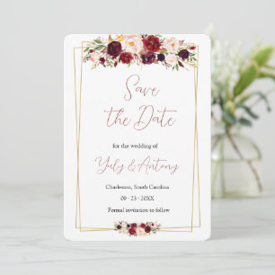 Elegant Botanical Burgundy Blooms Geometric Save The Date