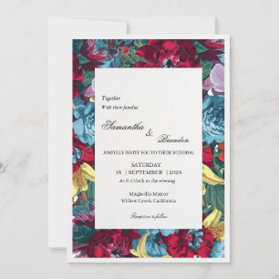 Elegant Botanical Burgundy & Teal Floral Wedding Invitation
