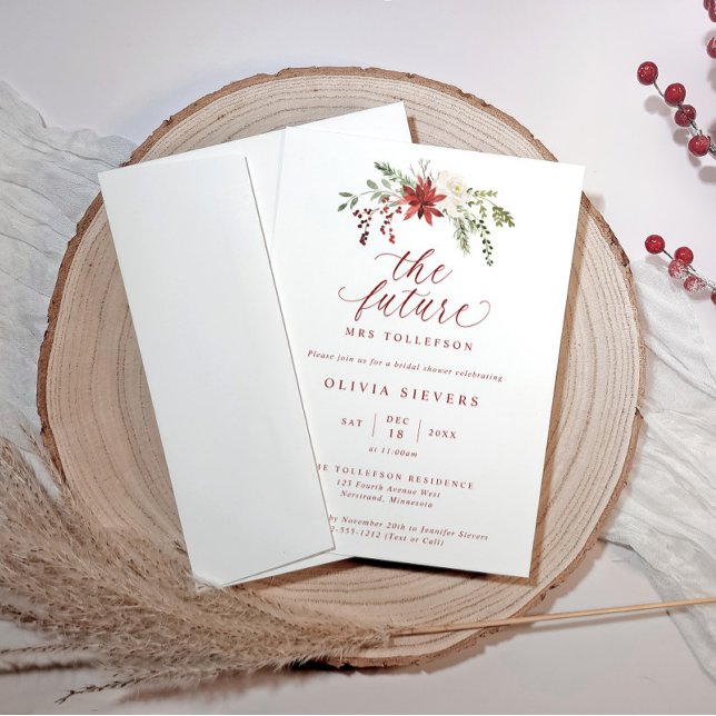 Elegant Botanical Christmas Bridal Shower Invitation (Elegant winter bridal shower design with “The Future Mrs” and watercolor greenery and red berries.)