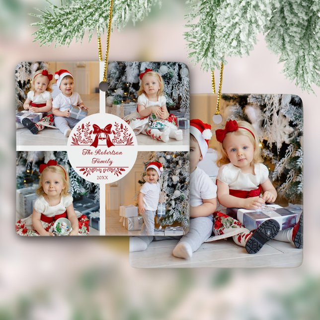 Elegant Botanical Christmas Family 5 Photo Ceramic Ornament (Creator Uploaded)