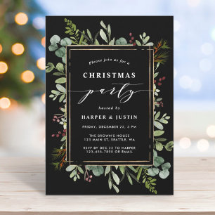 Elegant Botanical Christmas Party Black Invitation