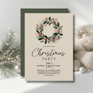 Elegant Botanical Christmas Party Wreath Invitation
