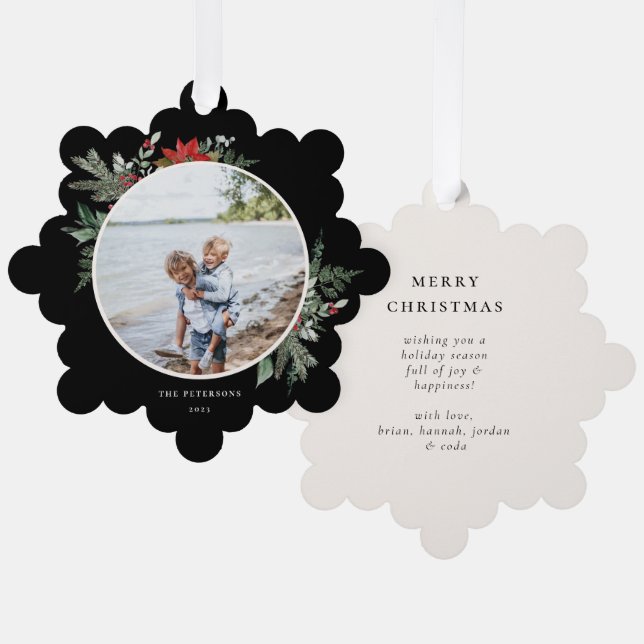 Elegant Botanical Christmas Photo Black  Tree Decoration Card (Front/Back)