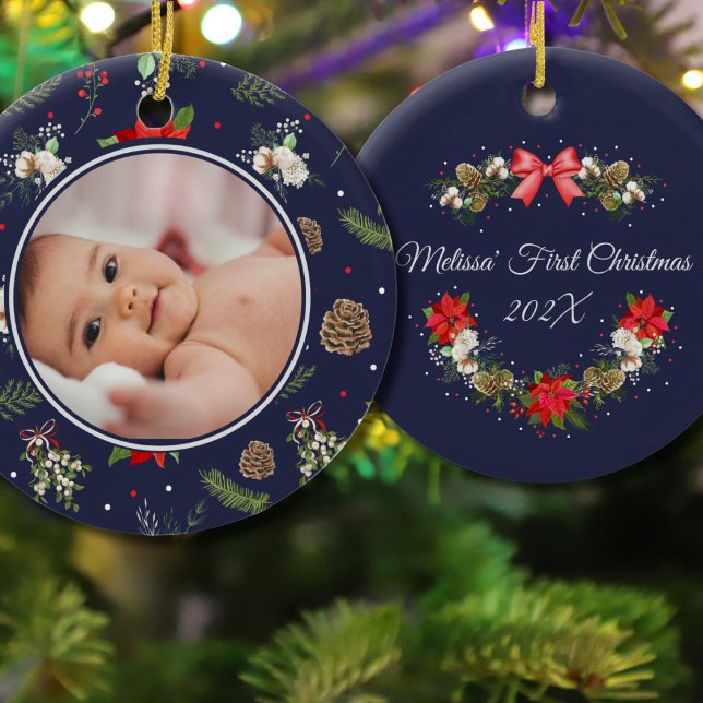 Elegant Botanical Christmas Wreath First Christmas Ceramic Tree Decoration (Creator Uploaded)