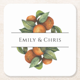 Elegant Botanical Citrus Greenery Square Paper Coaster