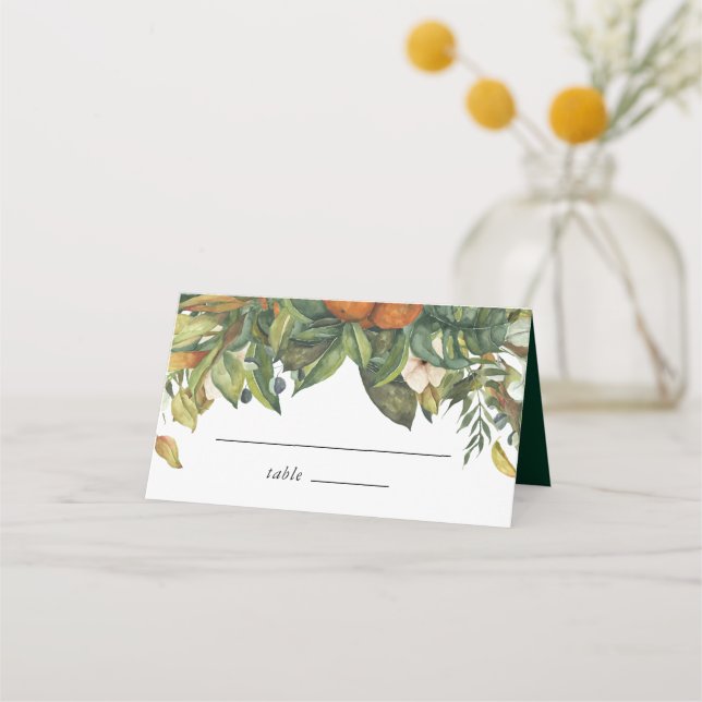 Elegant Botanical Citrus Greenery Wedding Place Card (Front)