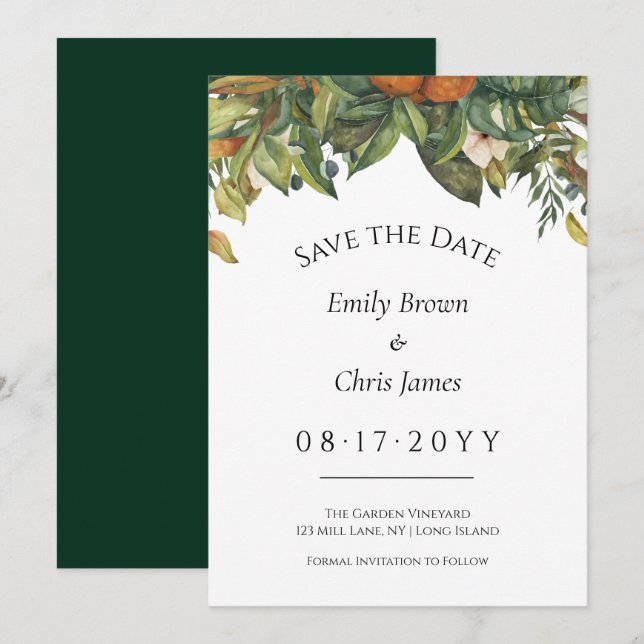 Elegant Botanical Citrus Greenery Wedding Save The Date (Front/Back)