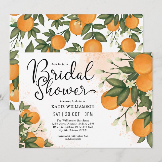 Elegant Botanical Citrus Orange Bridal Shower Invitation (Front/Back)