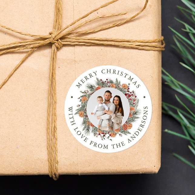 Elegant Botanical Citrus Wreath Photo Christmas Classic Round Sticker (Creator Uploaded)